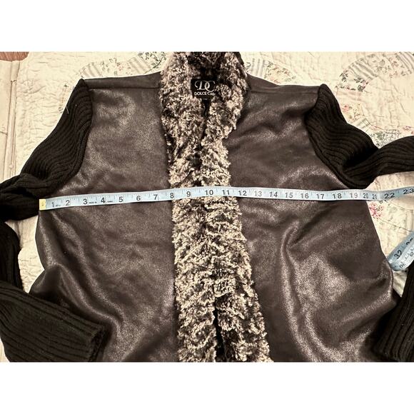 DOLCE CABO FAUX FUR LINED ASYMMETRIC MIXED MEDIA CARDIGAN SWEATER JACKET M - Picture 8 of 9